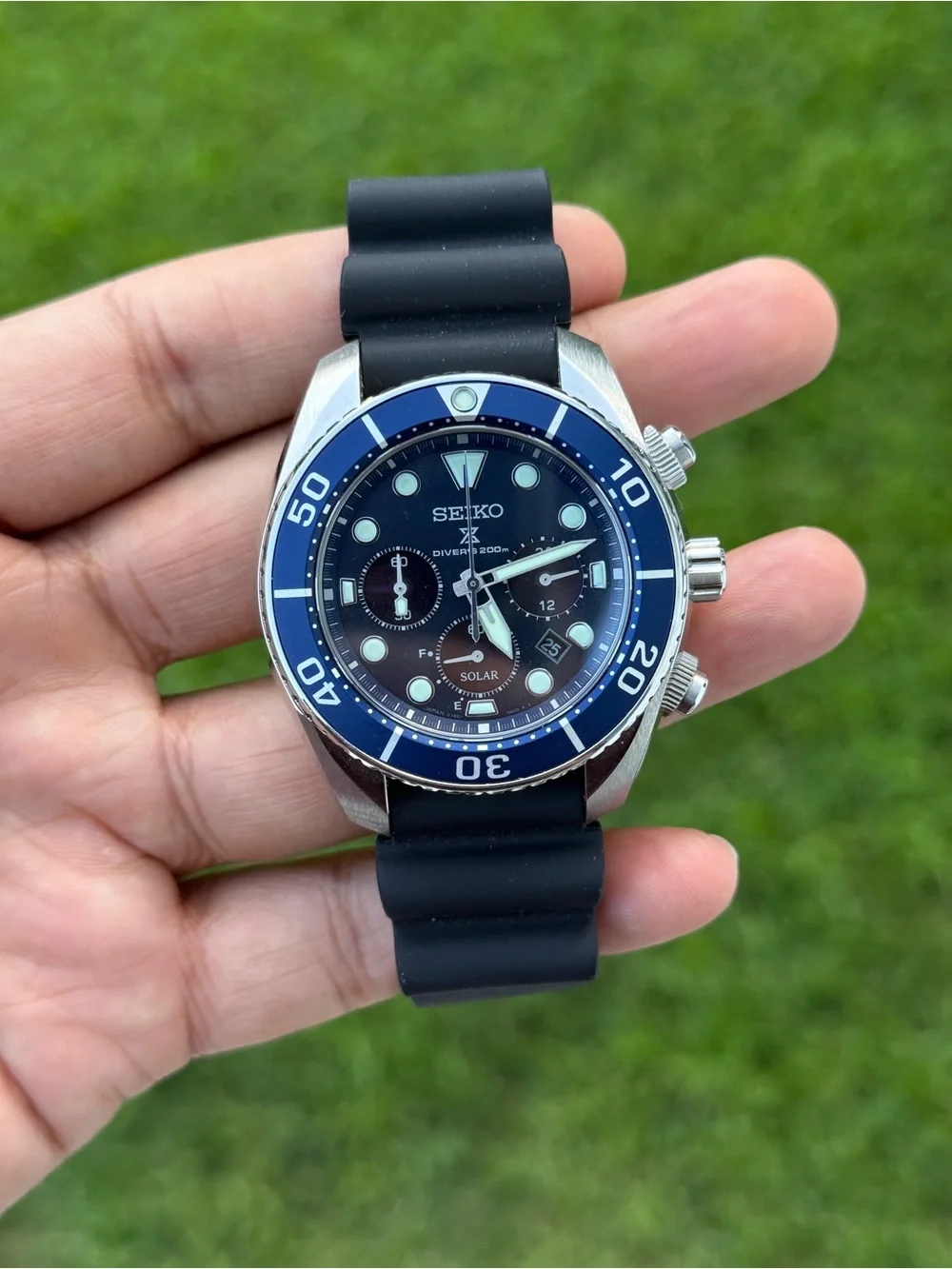 Seiko prospex solar Blue Bezel Black Strap Men's Diver Chronograph Japan Watch